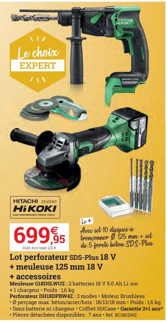 lot perforateur sds-plus 18 v + meuleuse 125 mm 18 v + accessoires