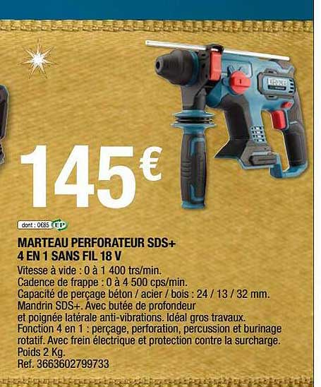 marteau perforateur sds+ 4 en 1 sans fil 18 v erbauer