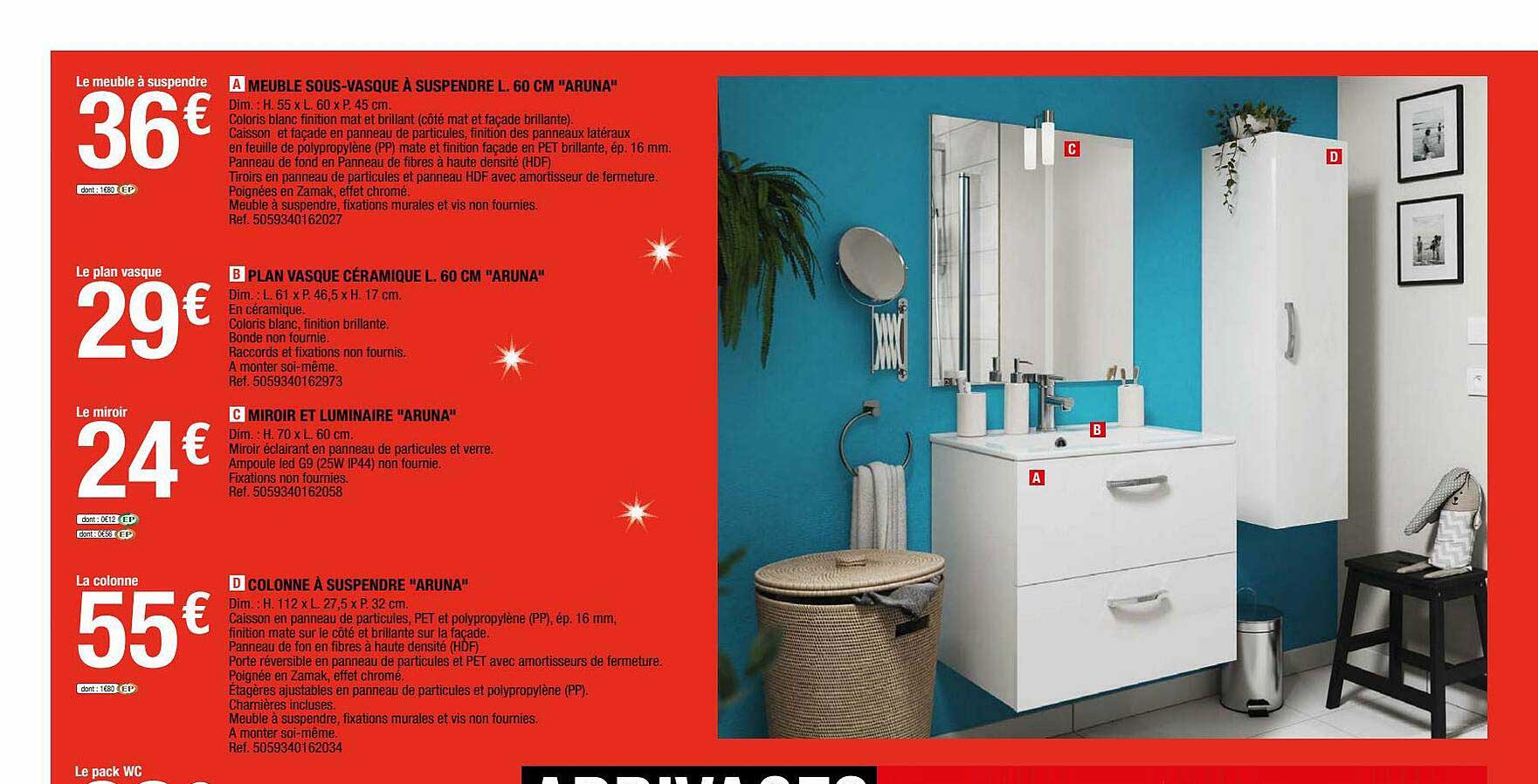 meuble sous-vasque à suspendre l. 60 cm "aruna", plan vasque céramique l. 60 cm "aruna", miroir et luminaire "aruna", colonne à suspendre "aruna"