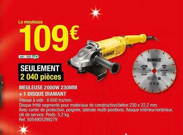 Meuleuse 2000w 230mm + 1 Disque Diamant Dewalt