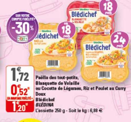 paëlla des tout-petits, blanquette de volaille au cocotte de légumes, riz et poulet au curry doux blédichef blédina