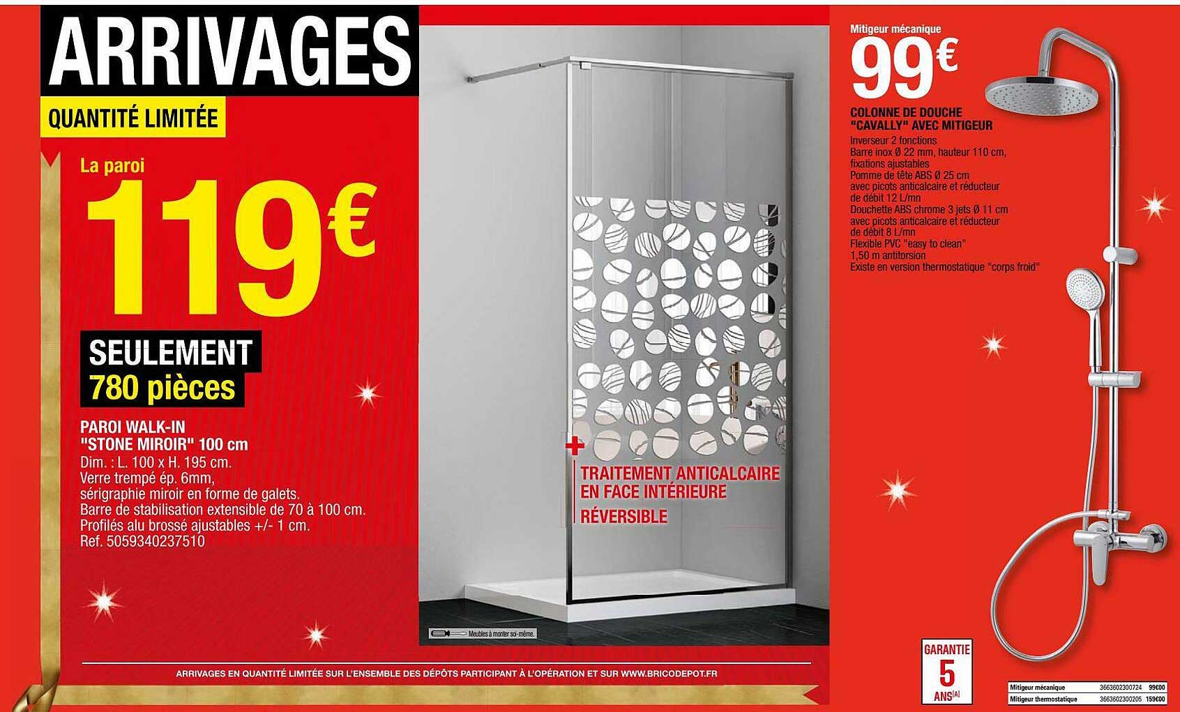 paroi walk-in "stone miroir" 100 cm, colonne de douche "cavally" avec mitigeur