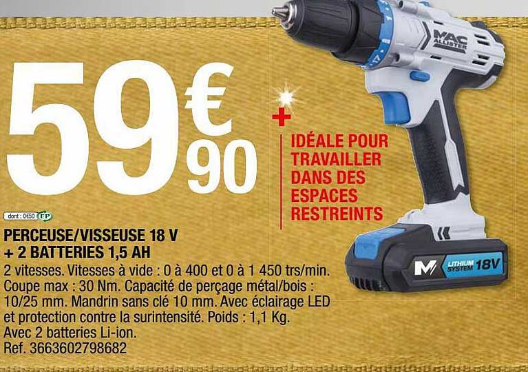 perceuse-visseuse 18 v + 2 batteries 1,5 ah mac allister
