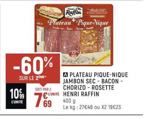 plateau pique-nique jambon sec - bacon - chorizo - rosette henri raffin