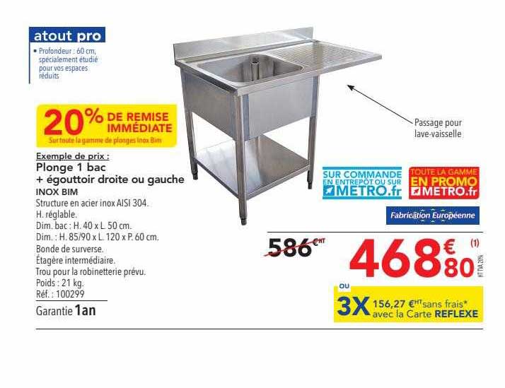 plonge 1 bac + égouttoir droite ou gauche inox bim