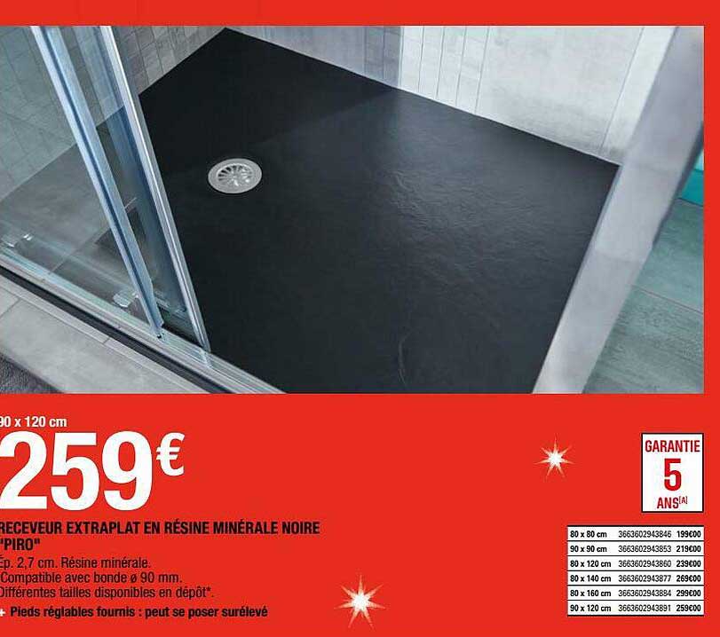 receveur extraplat en résine minérale noire "piro"