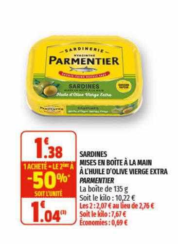 sardine mises en boîtes à la main à l'huile d'olive vierge extra parmentier
