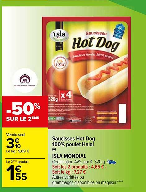 saucisses hot dog 100% poulet halal isla mondial