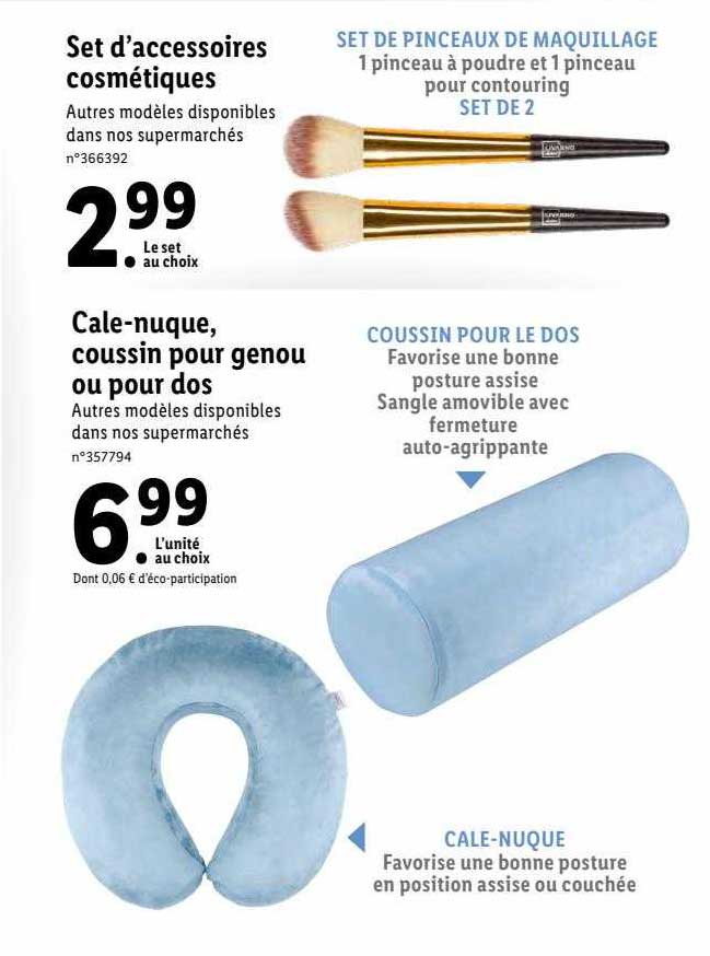 set d'accessoires cosmétiques, cale-nuque, coussin pour genou ou pour dos