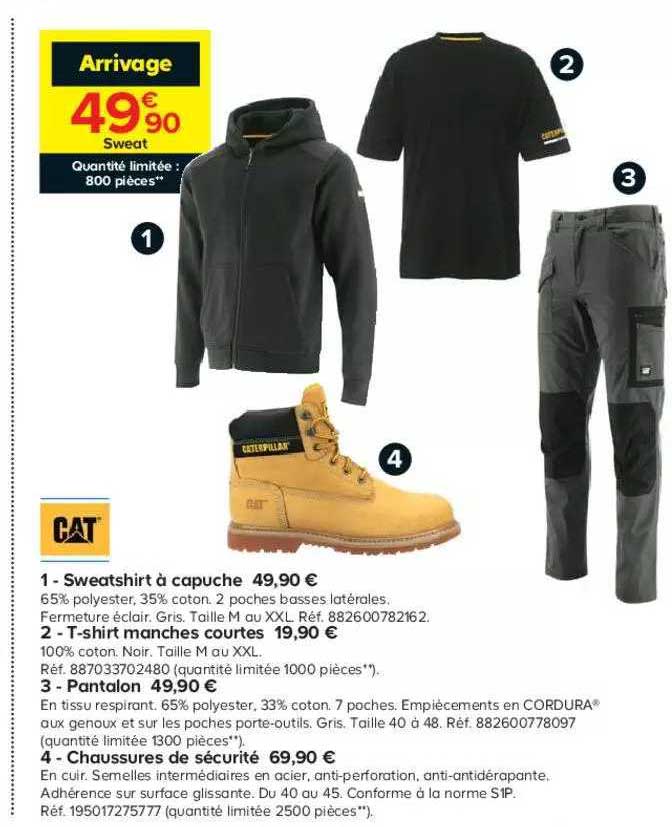 sweatshirt à capuche, t-shirt manches courtes, pantalon, chaussures de sécurité cat