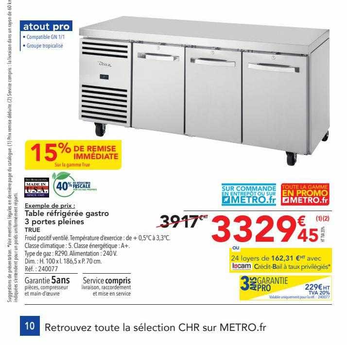 table réfrigérée gastro 3 portes pleines true