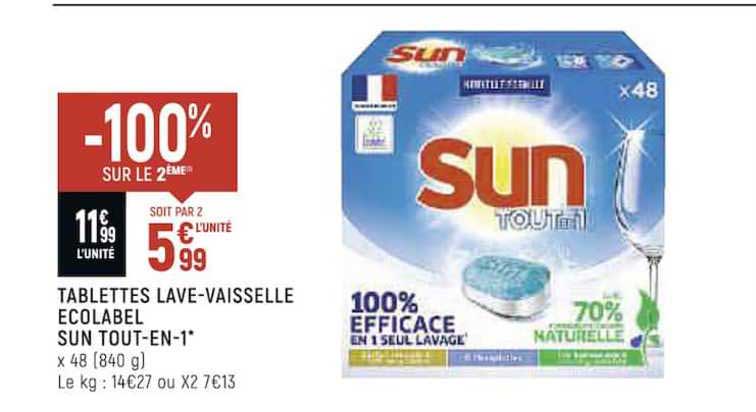tablettes lave-vaisselle ecolabel sun tout-en-1