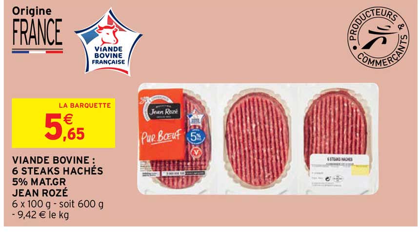 viande bovine : 6 steaks hachés 5% mat. gr. jean rozé