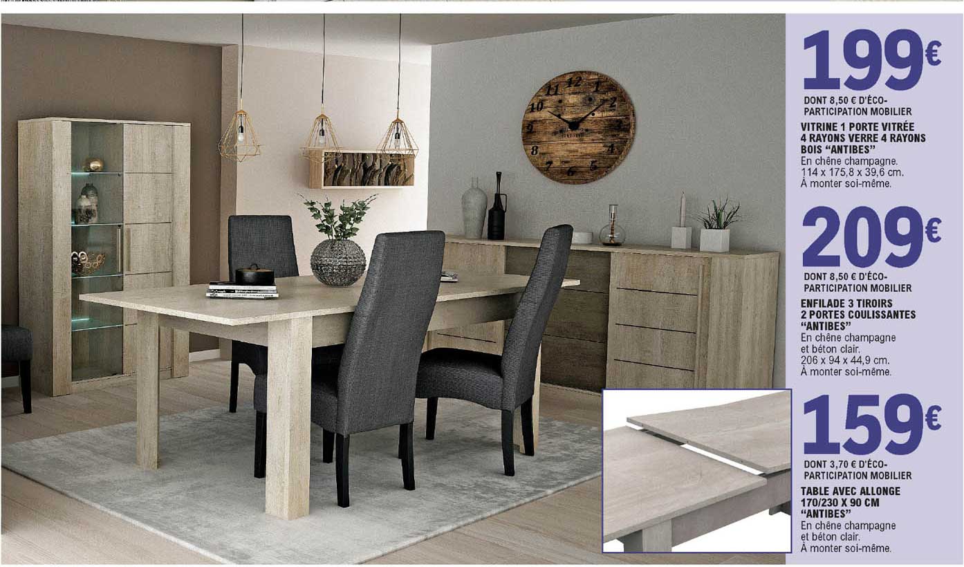 vitrine 1 porte vitrée 4 rayons verre 4 rayons bois "antibes", enfilade 3 tiroirs 2 portes coulissantes "antibes", table avec allonge 170-230 x 90 cm "antibes"