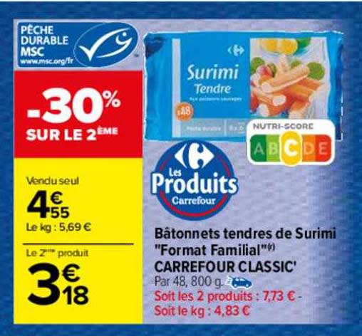 bâtonnets tendres de surimi "format familial" carrefour classic'