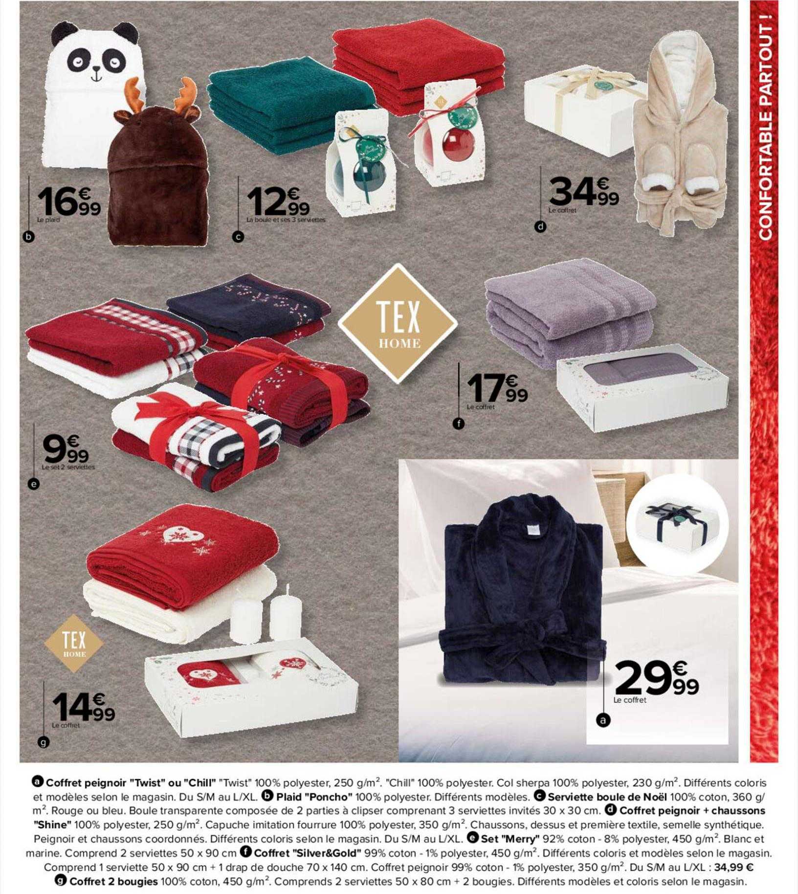 coffret peignoir "twist" ou "chill", plaid "poncho", serviettes boule de noël, coffret peignoir + chaussons "shine", set "merry", coffret "silver & gold", coffret 2 bougies tex home