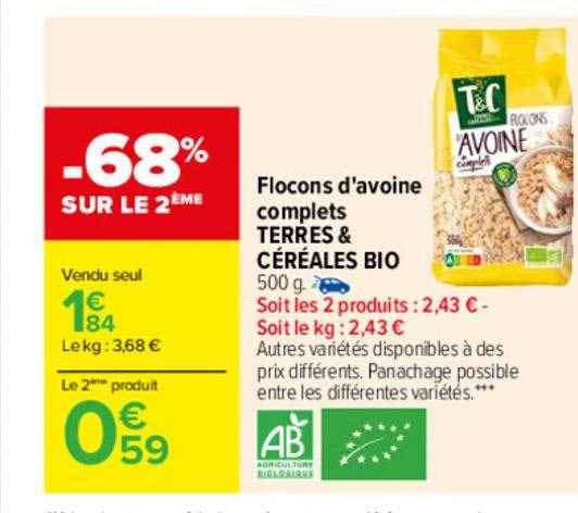 flocons d'avoine complets terres & céréales bio