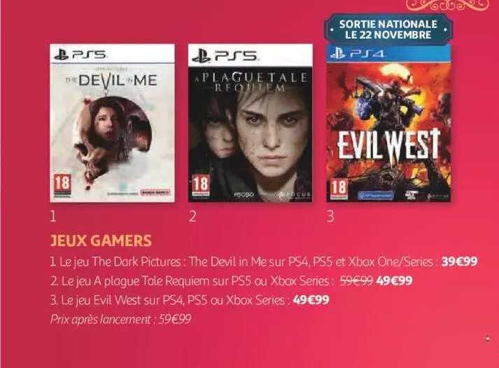 jeux gamers : the dark pictures - the devil in mesur ps4, ps5 et xbox one-séries, a plague tale requiem sur ps5 ou xbox séries, evil west sur ps4, ps5 ou xbox séries
