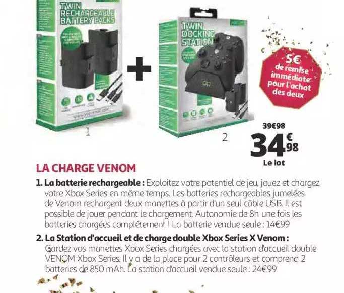 la charge venom : la batterie rechargeable, la station d'accueil et de charge double xbox séries x venom