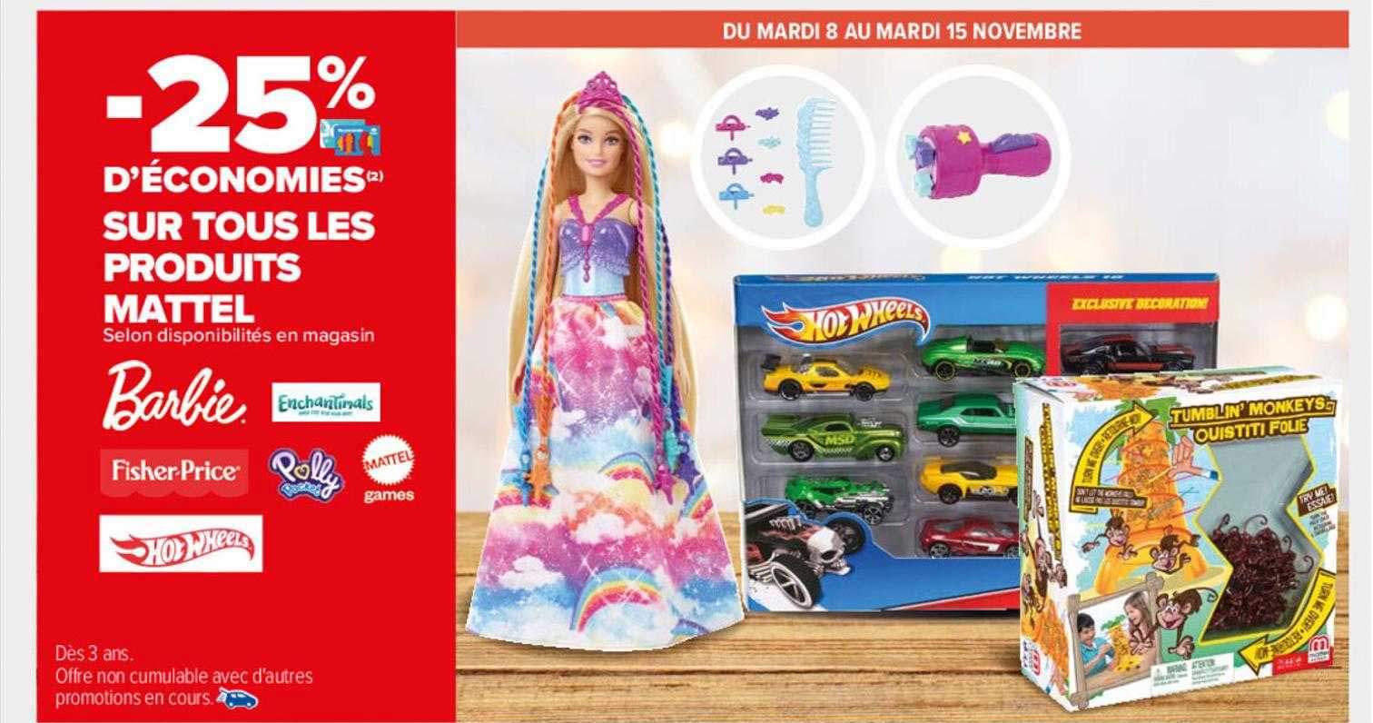 les produits mattel barbie, enchantimals, fisher-price, polly pocket, matterl games, hot wheels