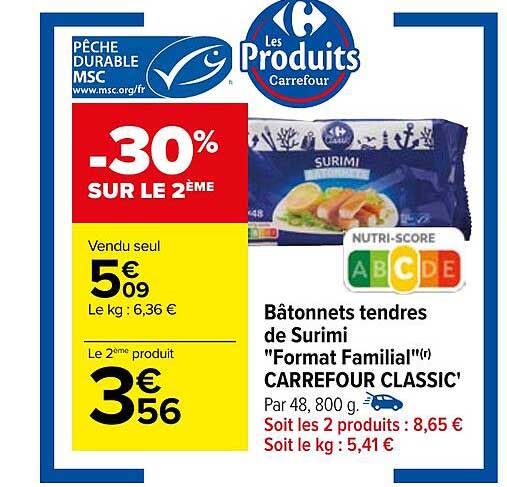 bâtonnets tendres de surimi "format familial" carrefour classic'