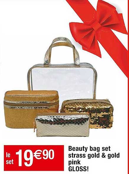 beauty bag set strass gold & gold pink gloss!