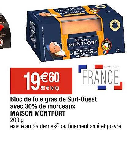 bloc de foie gras du sud-ouest avec 30% de morceaux maison montfort