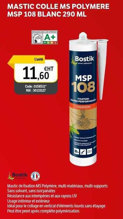 bostik mastic colle ms polymere msp 108 blanc 290 ml