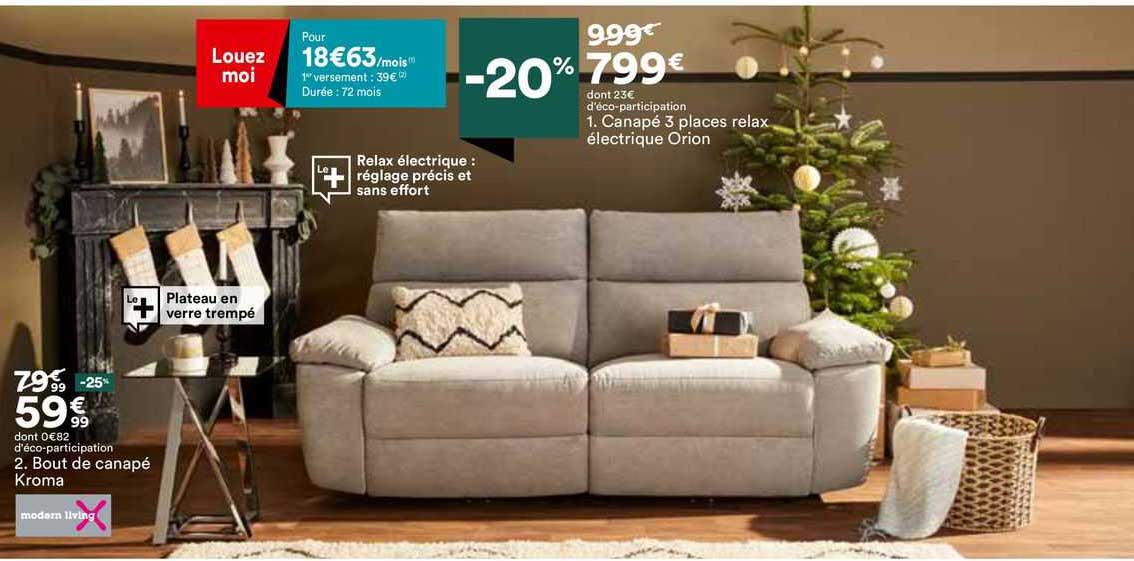 bout de canapé kroma modern living, canapé 3 places relax électrique orion