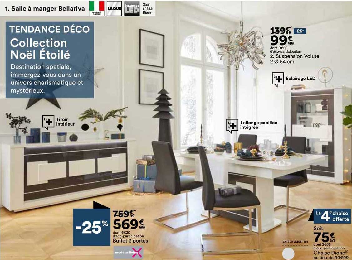 buffet 3 portes modern living, suspension volute 2 ø 54 cm, chaise dione