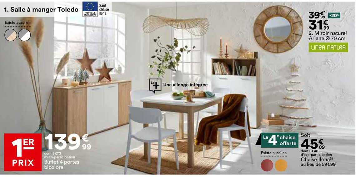 buffet 4 portes bicolore, miroir naturel ariane ø 70 cm, chaise ilona