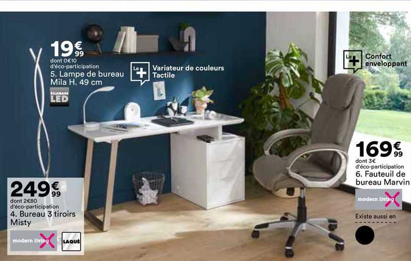 bureau 3 tiroirs misty modern living, lampe de bureau mila h. 49 cm, fauteuil de bureau marvin modern living