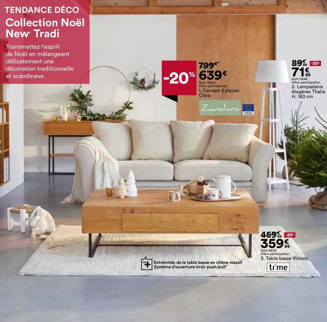 canapé 3 places clara zandiara, lampadaire étagères thalia h. 163 cm, table basse woods ti'me