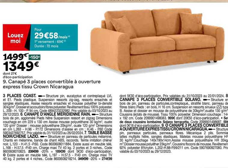 canapé 3 places convertible à ouverture express tissu crown nicaragua