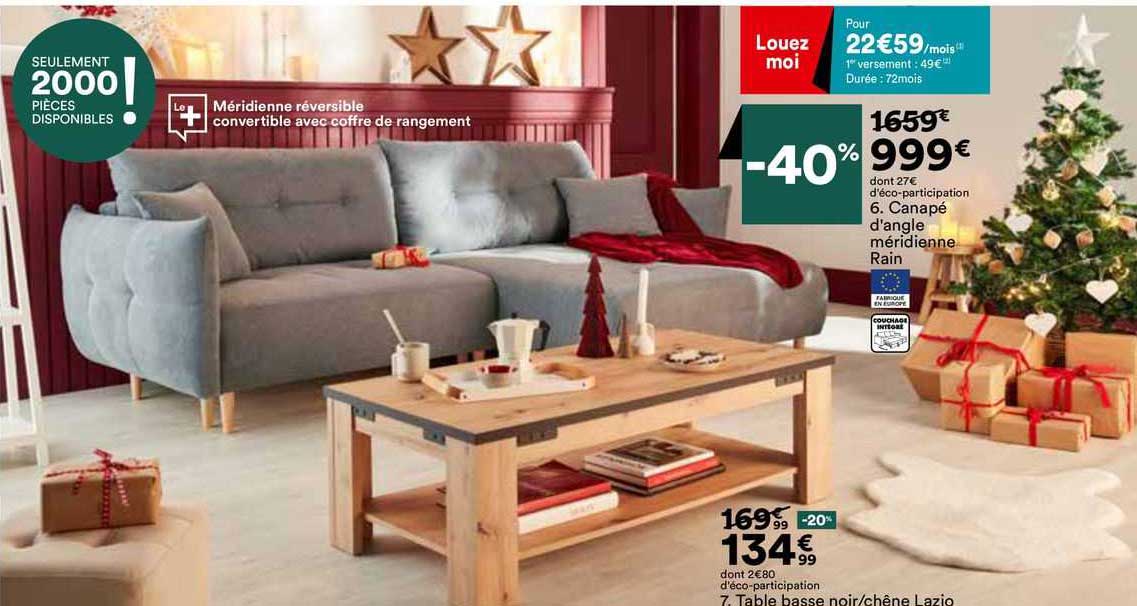 canapé d'angle méridienne rain, table basse noir/chêne lazio