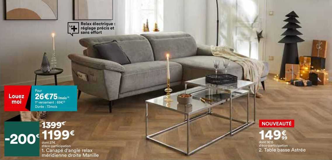 canapé d'angle relax méridienne droite manille, tabla basse astrée