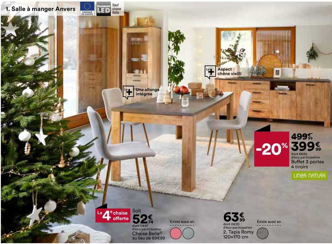 chaise bella, tapis romy 120 x 170 cm, buffet 3 portes 4 tiroirs linea natura