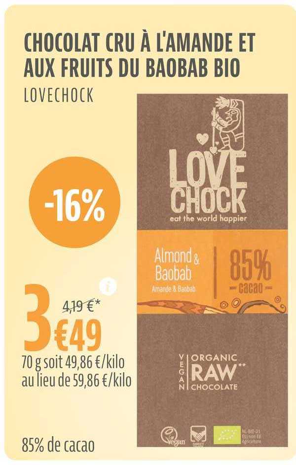 chocolat cru à l'amande et aux fruits du baobab bio