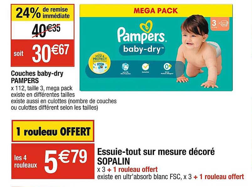 couches baby-dry pampers, essuie-tout sur mesure décoré sopalin
