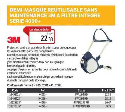 demi-masque réutilisable sans maintenance 3m à filtre intégré série 4000+ 3m