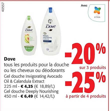 dove : produits pour la douche ou les cheveux ou déodorants, gel douche invigorating avocado oil & calandula extract, gel douche deeply nourishing