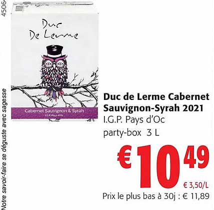 duc de larme cabernet sauvignon-Syrah 2021 i.g.p. pays d'oc party-box 3 l