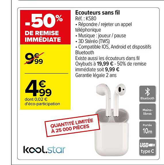écouteurs sans fil kool star