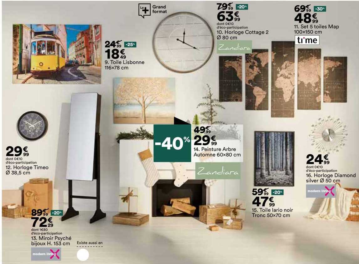 horloge timeo ø 38,5 cm, miroir psyché bijoux h.153 cm , toile lisbonne 116 x 78 cm, horloge cottage 2 ø 80 cm zandiara, set 5 toiles map 100 x 150 cm ti'me, peinture arbre automne 60 x 80 cm zandiara