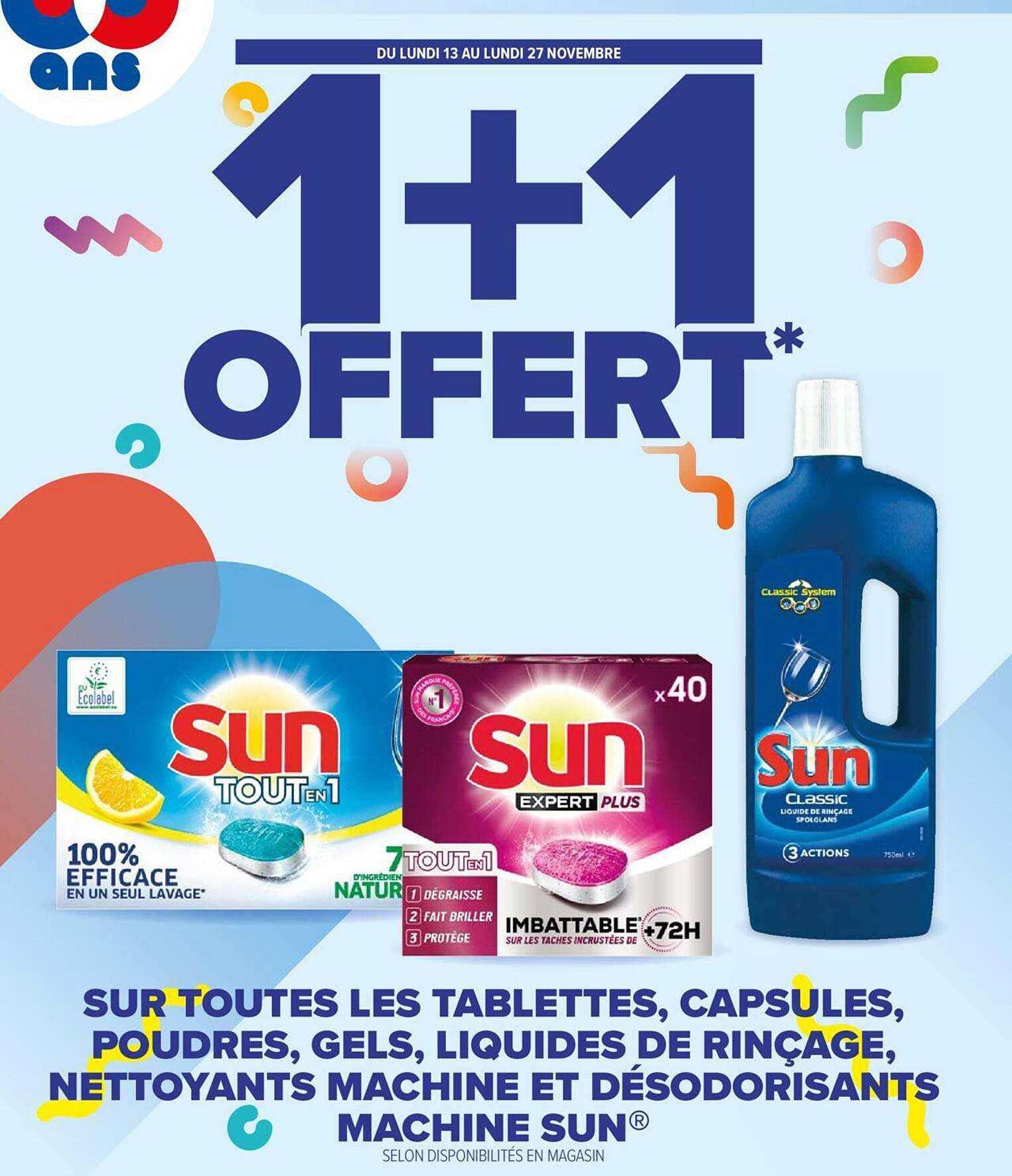 les tablettes, capsules, poudres, gels, liquides de rinçage, nettoyants machine et désodorisants machine sun