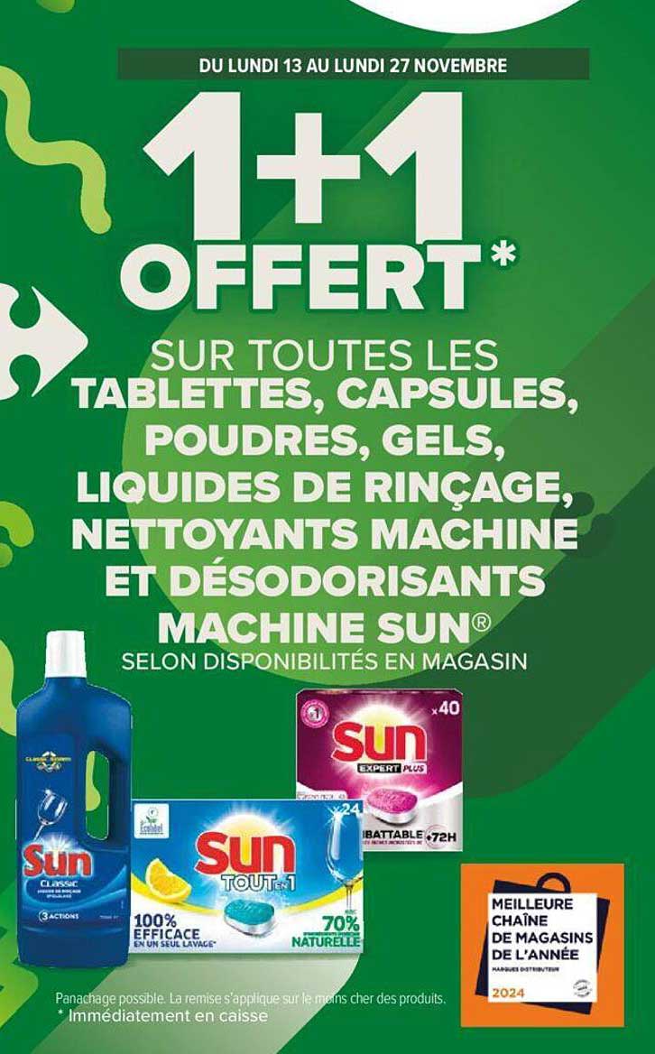les tablettes, capsules, poudres, gels, liquides de rinçage, nettoyants machine et désodorisants machine sun