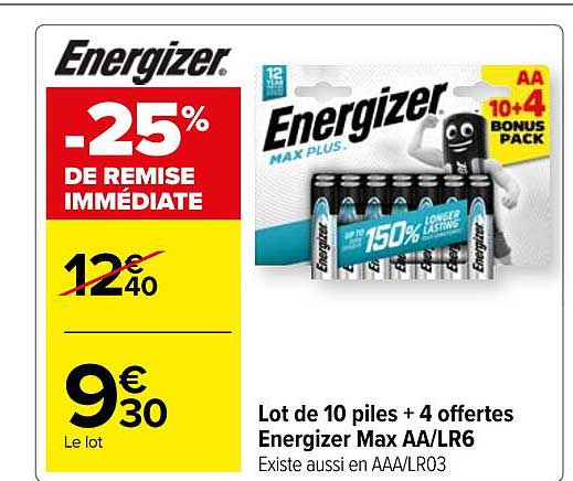 lot de 10 piles + 4 offertes energizer max aa/lr6