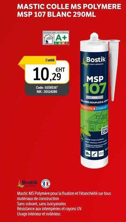 Mastic Colle Ms Polymère Msp 107 Blanc 290 Ml Bostik