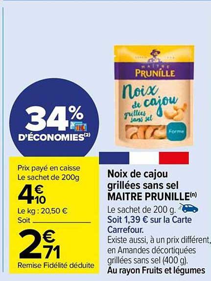 noix de cajou grillées sans sel maître prunille