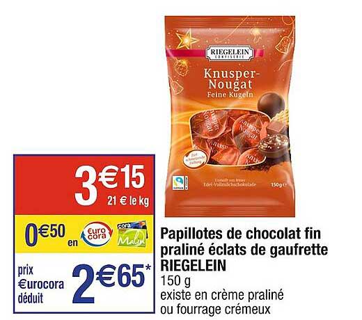 papillotes de chocolat fin praliné éclats de gaufrette riegelein